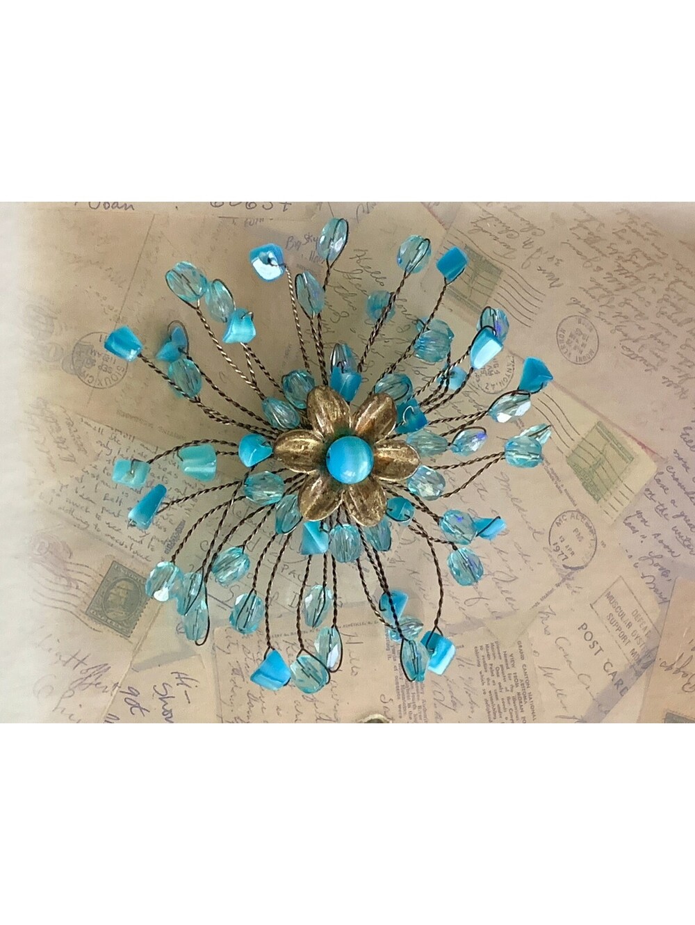 Vintage Blue Beaded Wire Flower Burst Brooch